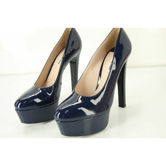 Miu Miu Navy Blue Patent Platform Almond Toe Pumps 140MM - Picture 3 of 11